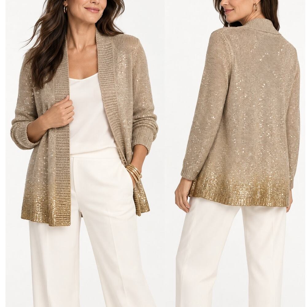 Chico's 2 Dipped Gold Knit Cardigan Sweater Beige Size L